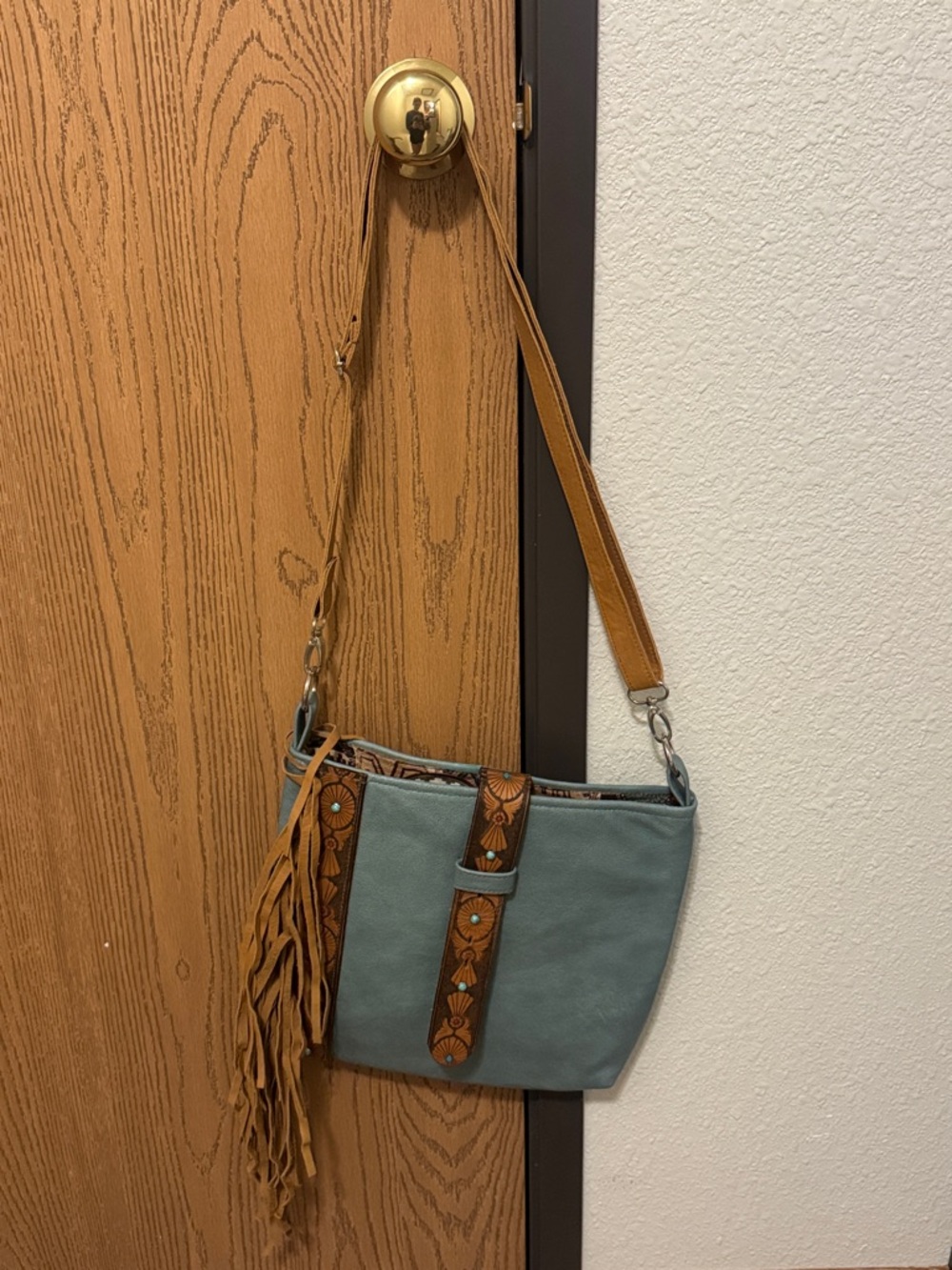 Women’s Teal Crossbody Bag with Brown Accents hand made